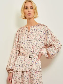 Best Balloon Sleeve Belted Blouse - Floral Print Crepe de Chine Blouses & Shirts|Tops & Tees