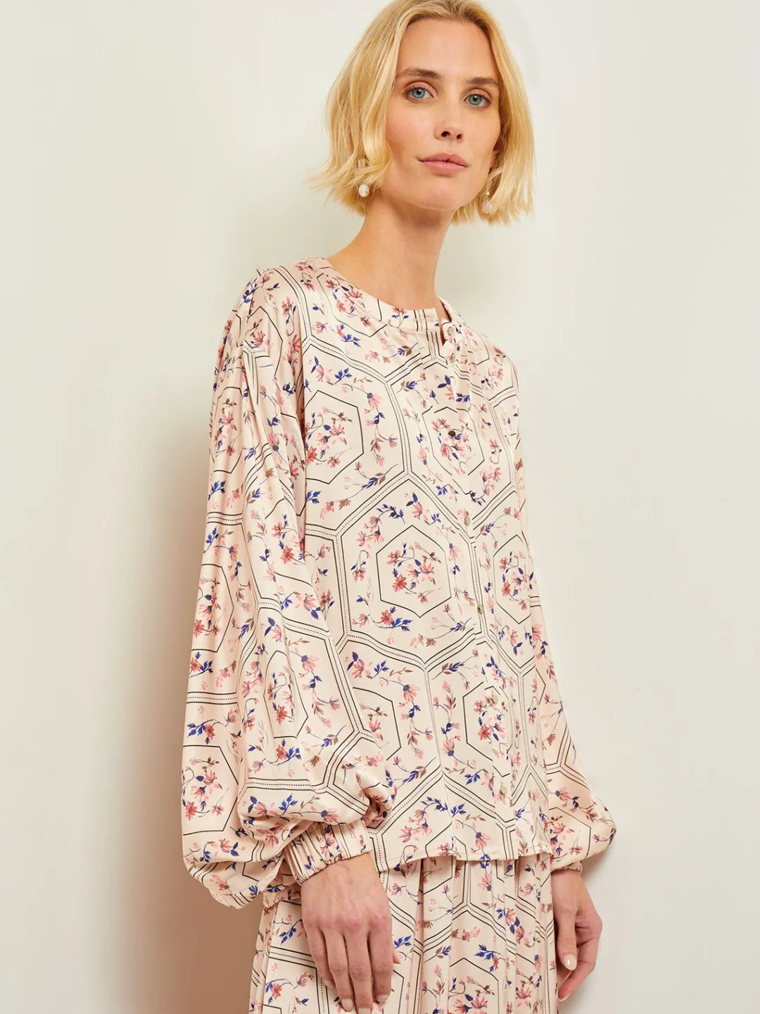 Best Balloon Sleeve Belted Blouse - Floral Print Crepe de Chine Blouses & Shirts|Tops & Tees