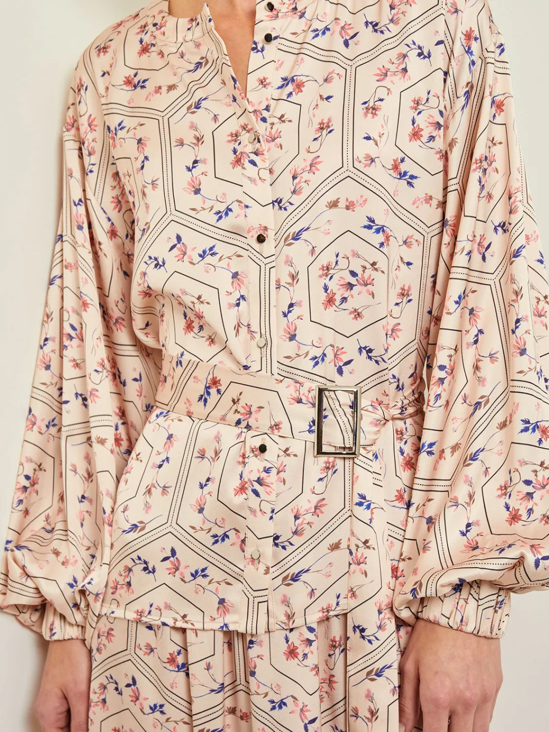 Best Balloon Sleeve Belted Blouse - Floral Print Crepe de Chine Blouses & Shirts|Tops & Tees