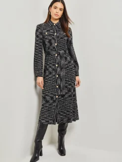 Best Belted Button Front Tweed Knit Midi Dress Dresses