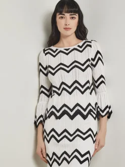 Fashion Boat Neck Tunic - Contrast Chevron Pointelle Soft Knit Tops & Tees