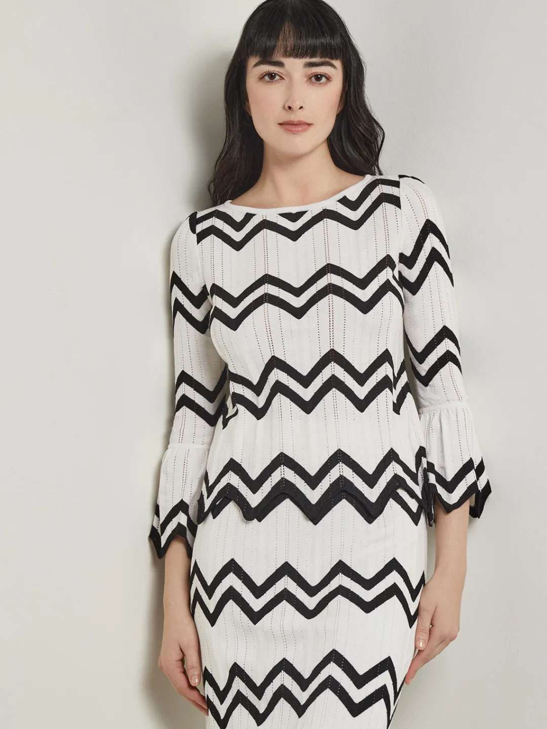 Fashion Boat Neck Tunic - Contrast Chevron Pointelle Soft Knit Tops & Tees