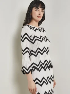 Fashion Boat Neck Tunic - Contrast Chevron Pointelle Soft Knit Tops & Tees