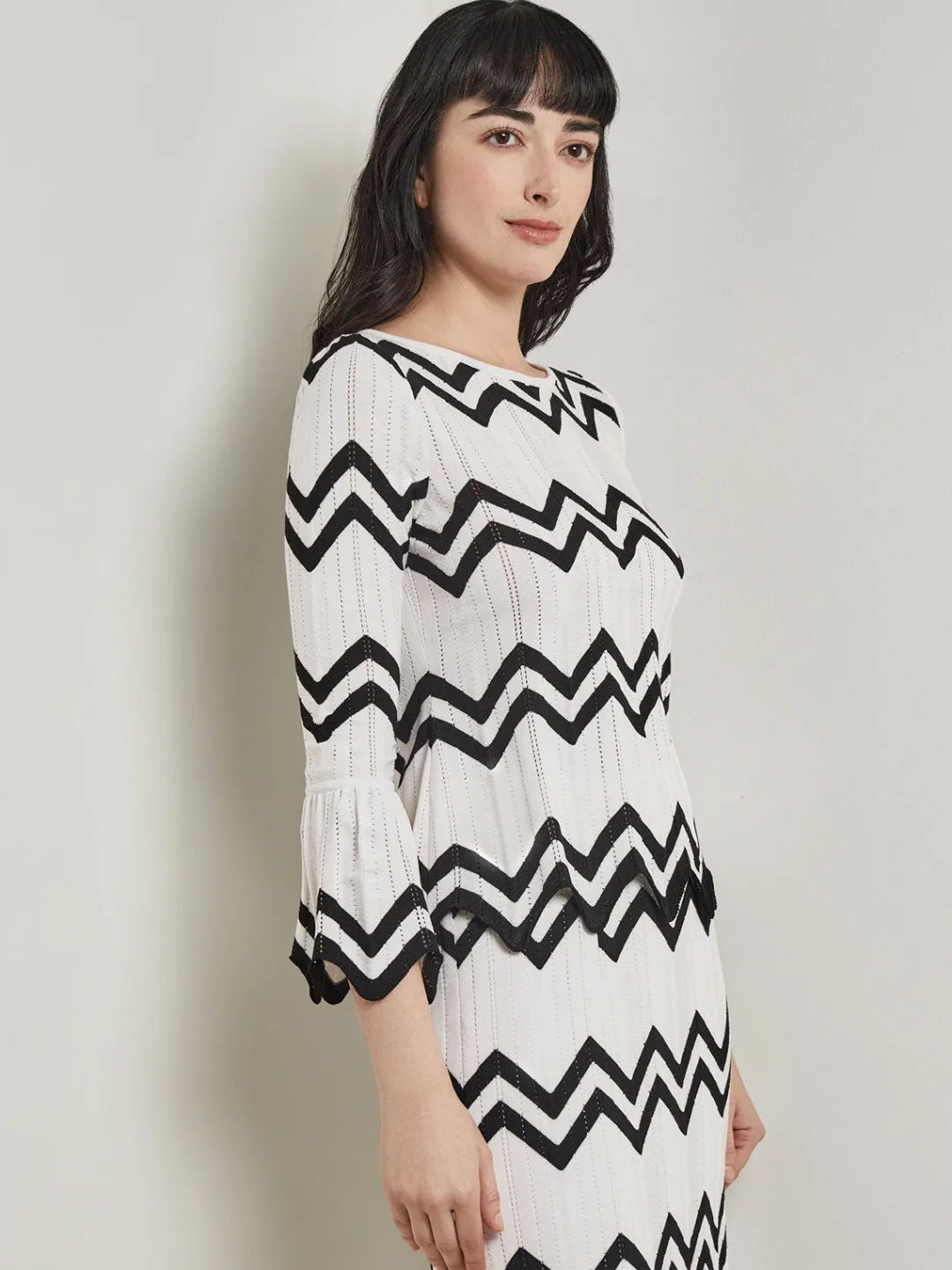 Fashion Boat Neck Tunic - Contrast Chevron Pointelle Soft Knit Tops & Tees