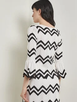 Fashion Boat Neck Tunic - Contrast Chevron Pointelle Soft Knit Tops & Tees