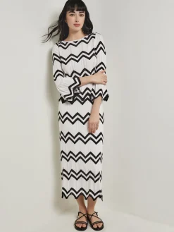Fashion Boat Neck Tunic - Contrast Chevron Pointelle Soft Knit Tops & Tees