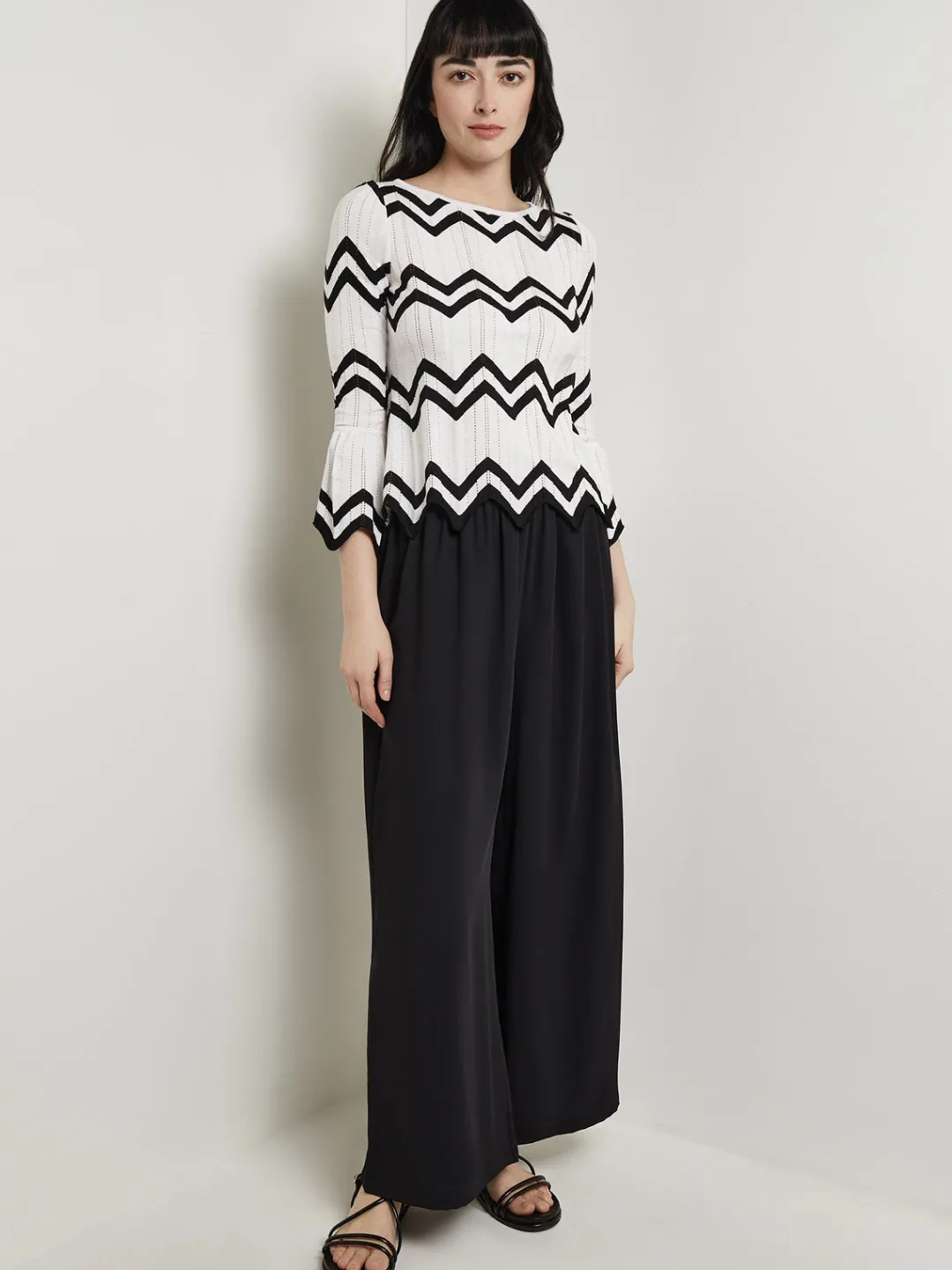 Fashion Boat Neck Tunic - Contrast Chevron Pointelle Soft Knit Tops & Tees