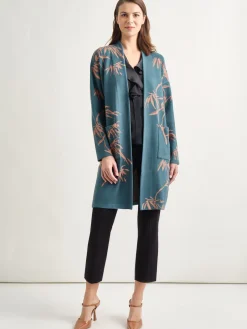 Fashion Botanical Print Open Front Long Jacquard Knit Jacket Jackets & Coats