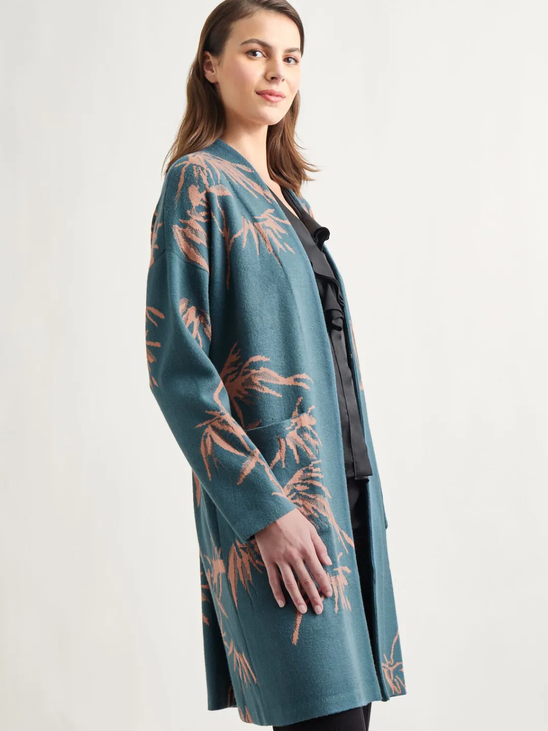Fashion Botanical Print Open Front Long Jacquard Knit Jacket Jackets & Coats