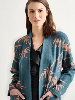 Fashion Botanical Print Open Front Long Jacquard Knit Jacket Jackets & Coats