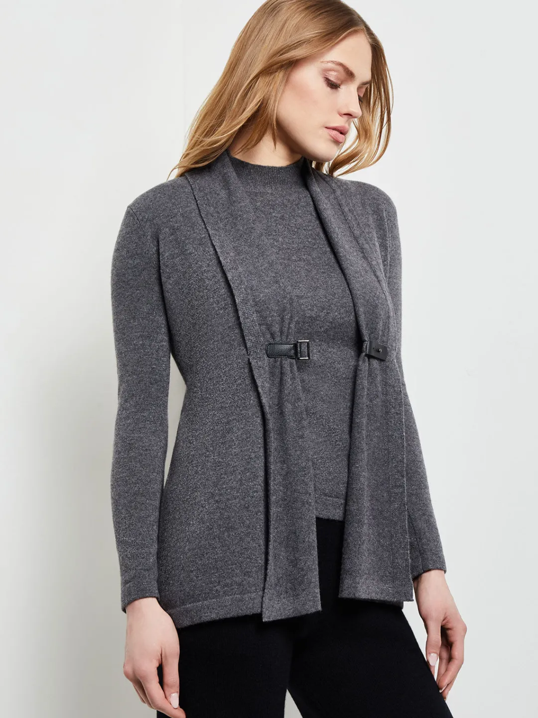 Fashion Buckle Detail Shawl Collar Cashmere Cardigan Jackets & Coats