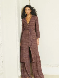 Clearance Button Front Duster - Belted Tweed Knit Jackets & Coats