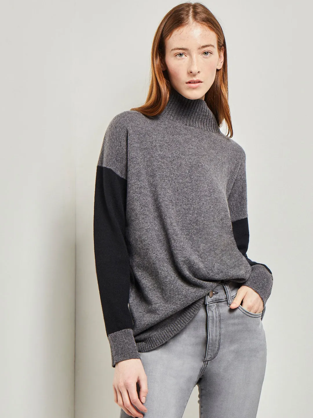Fashion Colorblock Cashmere Turtleneck Tunic Tops & Tees