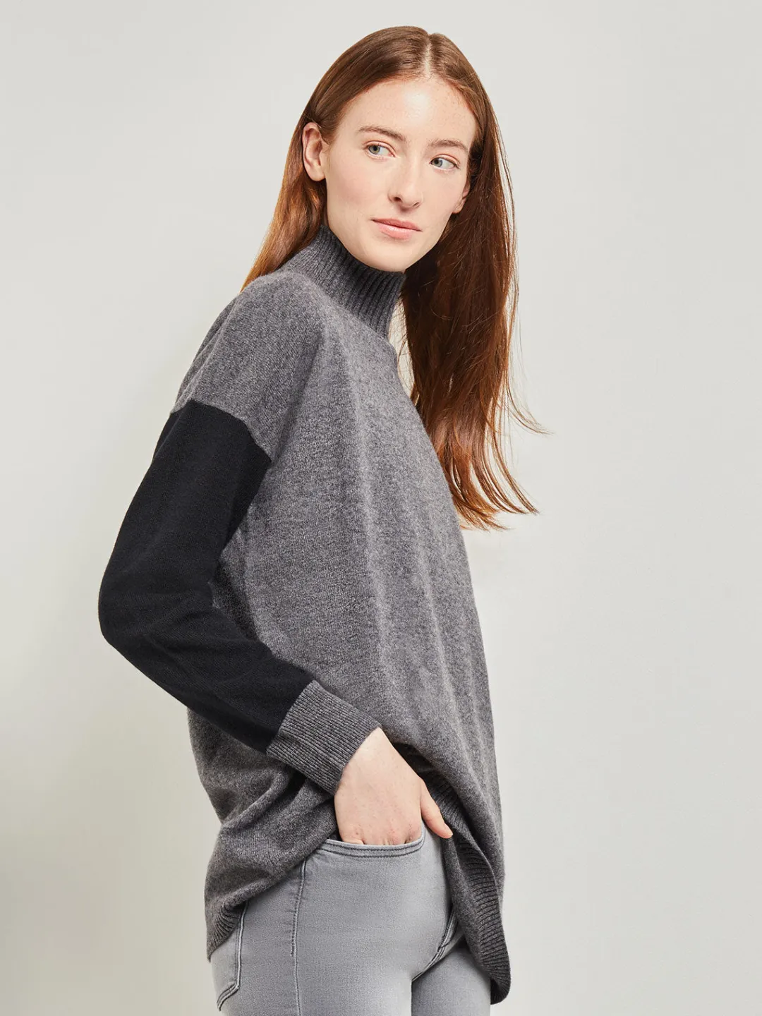 Fashion Colorblock Cashmere Turtleneck Tunic Tops & Tees