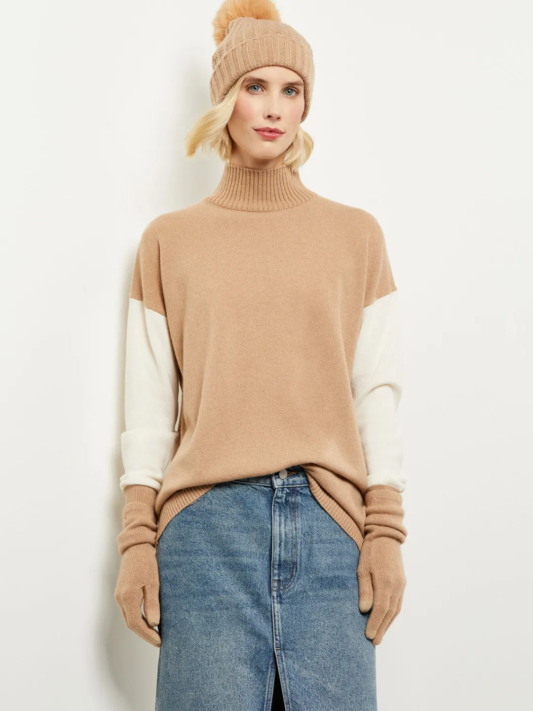 Best Colorblock Cashmere Turtleneck Tunic Tops & Tees