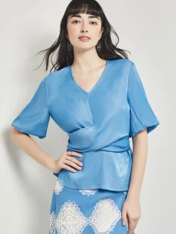 Clearance Crossover Peplum Blouse - Puff Sleeve Woven Blouses & Shirts|Tops & Tees