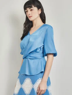 Clearance Crossover Peplum Blouse - Puff Sleeve Woven Blouses & Shirts|Tops & Tees