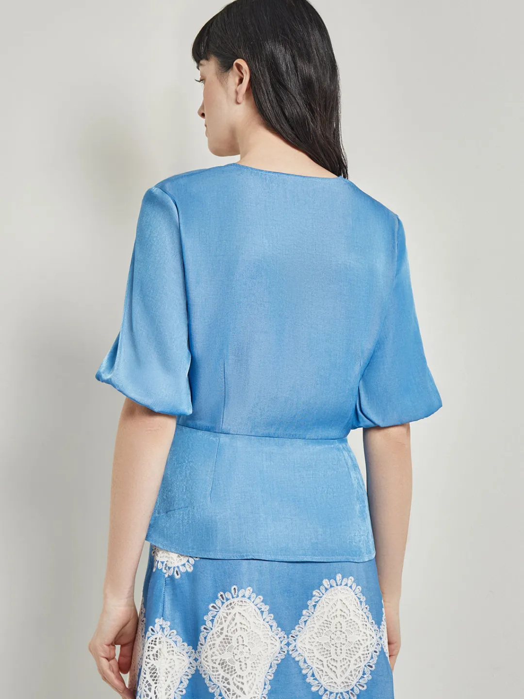 Clearance Crossover Peplum Blouse - Puff Sleeve Woven Blouses & Shirts|Tops & Tees