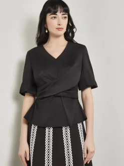 Discount Crossover Peplum Blouse - Puff Sleeve Woven Blouses & Shirts|Tops & Tees