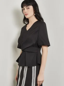 Discount Crossover Peplum Blouse - Puff Sleeve Woven Blouses & Shirts|Tops & Tees