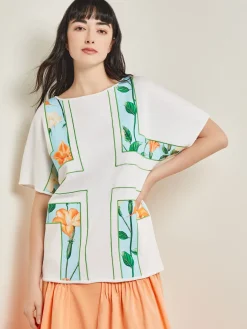 Best Dolman Sleeve Boat Neck Tunic - Cotton Floral Panel Soft Knit Tops & Tees