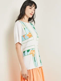 Best Dolman Sleeve Boat Neck Tunic - Cotton Floral Panel Soft Knit Tops & Tees