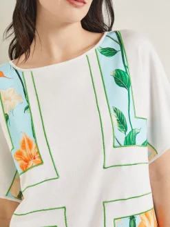 Best Dolman Sleeve Boat Neck Tunic - Cotton Floral Panel Soft Knit Tops & Tees
