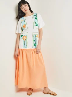 Best Dolman Sleeve Boat Neck Tunic - Cotton Floral Panel Soft Knit Tops & Tees