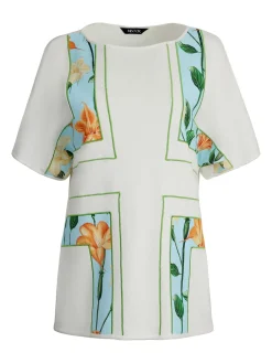 Best Dolman Sleeve Boat Neck Tunic - Cotton Floral Panel Soft Knit Tops & Tees