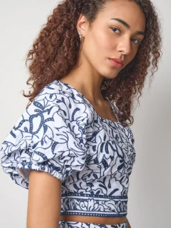 Clearance Embroidered Floral Cropped Cotton Blouse Blouses & Shirts|Tops & Tees