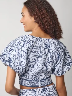 Clearance Embroidered Floral Cropped Cotton Blouse Blouses & Shirts|Tops & Tees