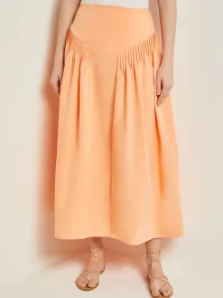 Fashion Godet Midi Skirt - Pleated Faux Cupro Silk Skirts