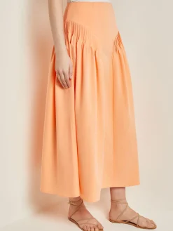 Fashion Godet Midi Skirt - Pleated Faux Cupro Silk Skirts