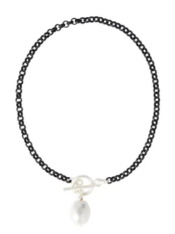 Sale Handmade Black Rolo Link Toggle Necklace with Cotton Pearl Pendant Accessories|Necklaces