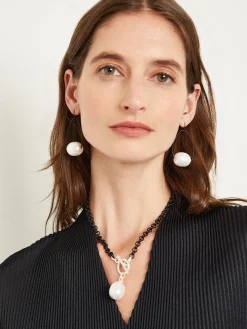 Sale Handmade Black Rolo Link Toggle Necklace with Cotton Pearl Pendant Accessories|Necklaces
