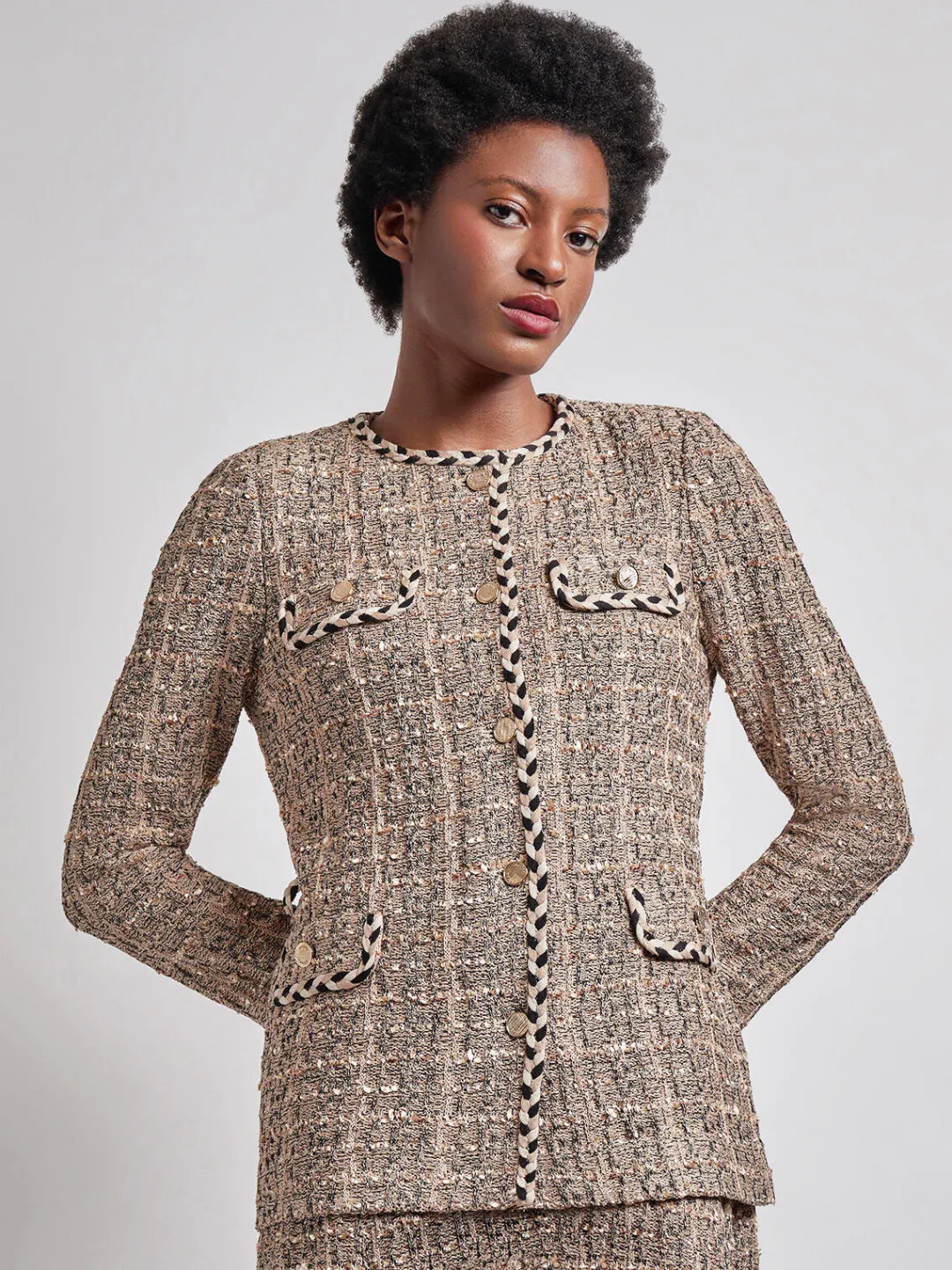 Hot Heritage Fit Braid Trim Tweed Knit Jacket Jackets & Coats