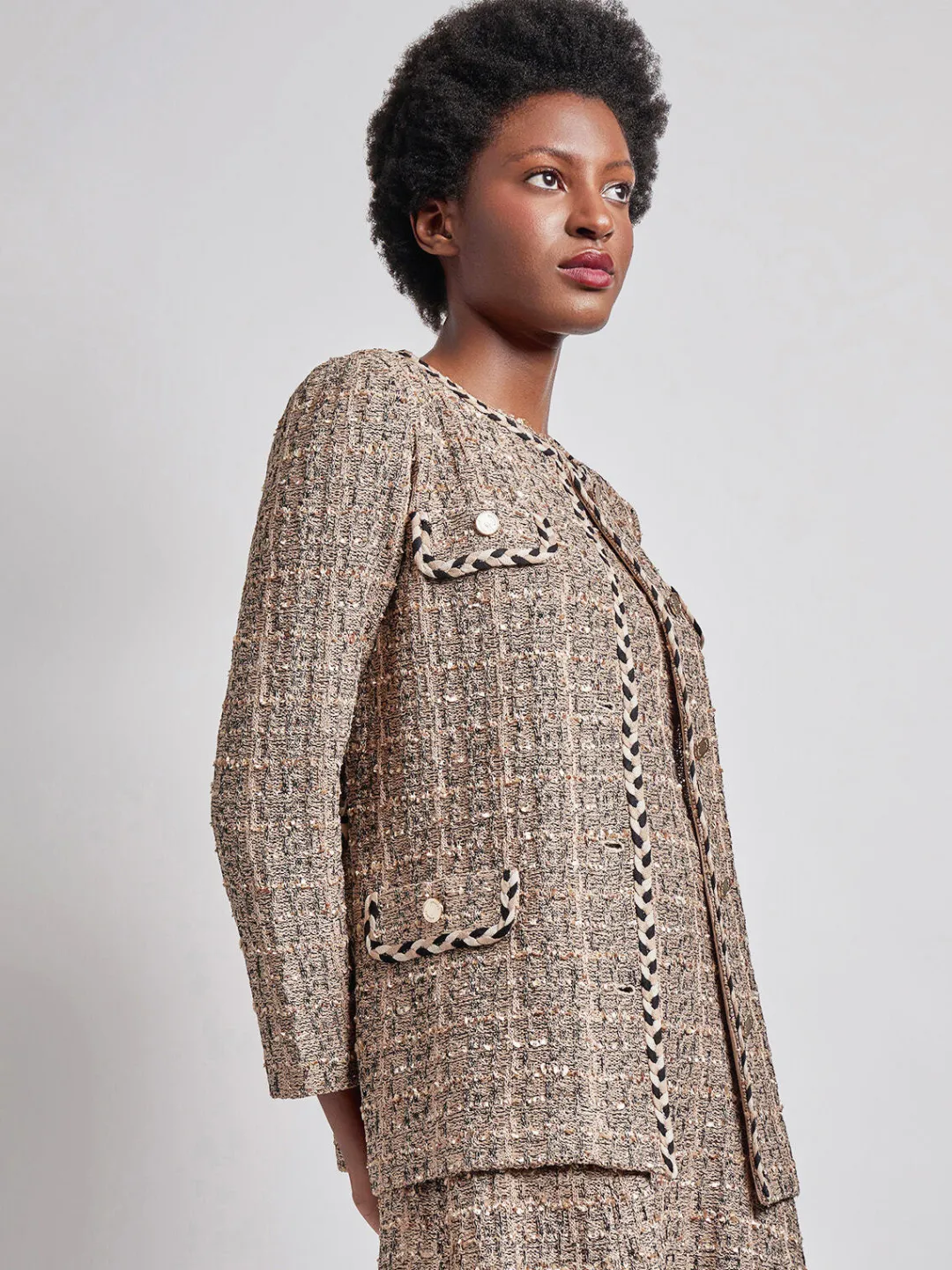 Hot Heritage Fit Braid Trim Tweed Knit Jacket Jackets & Coats