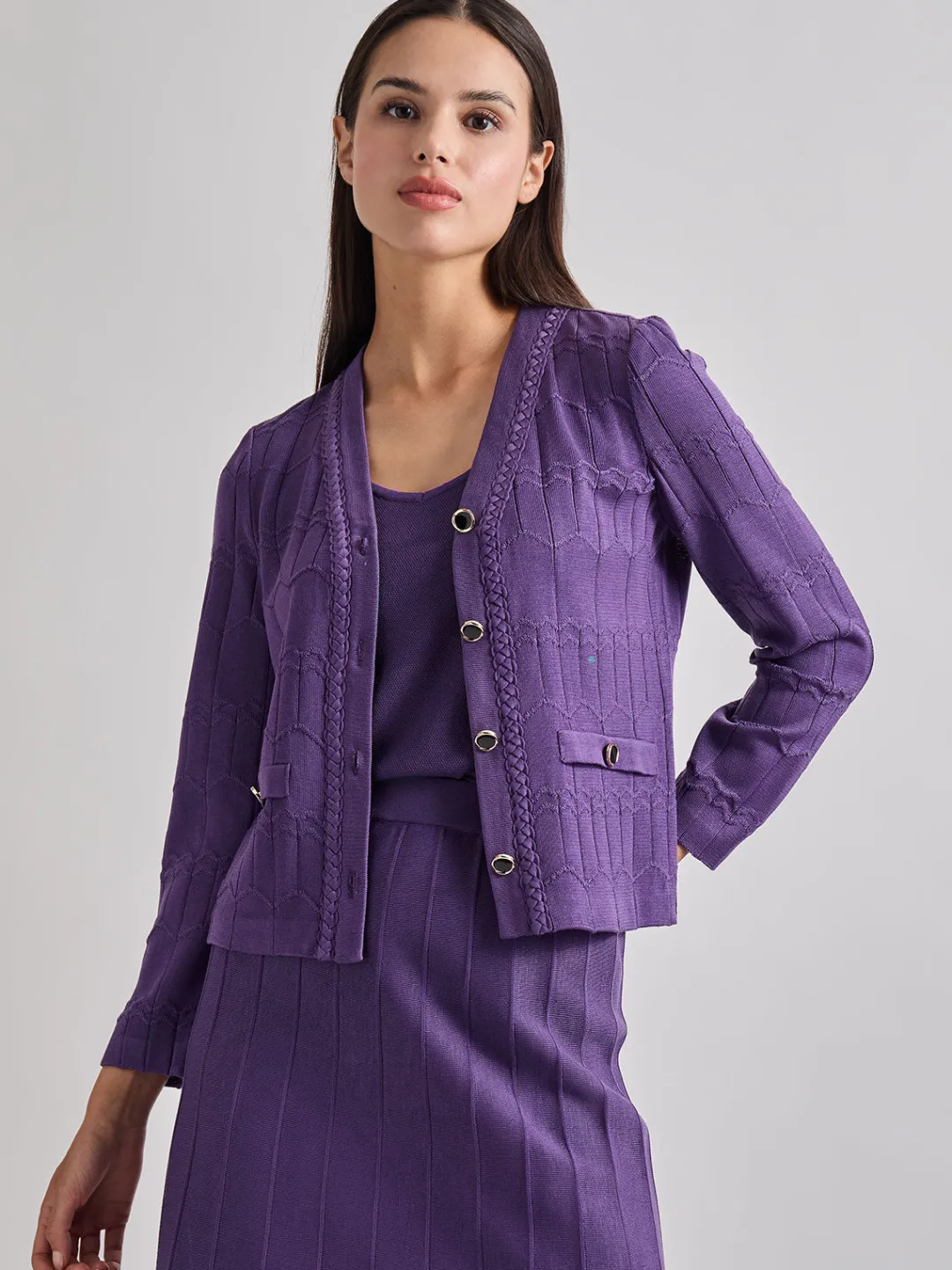 Hot Heritage Fit Braided Trim Tonal Zig-Zag Knit Cardigan Jackets & Coats
