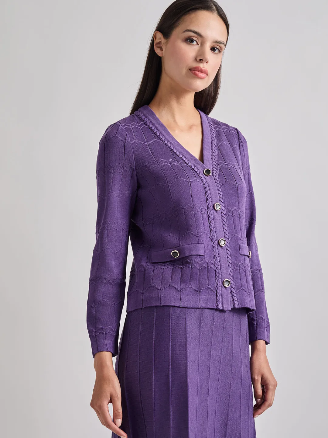 Hot Heritage Fit Braided Trim Tonal Zig-Zag Knit Cardigan Jackets & Coats