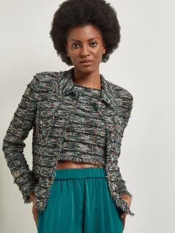 Clearance Heritage Fit Lapel Jacket - Fringe Trim Tweed Knit Jackets & Coats