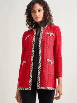 Discount Jewel Neck Contrast Trim Cable Knit Jacket Jackets & Coats