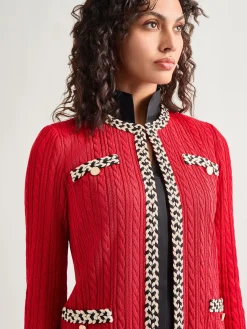Discount Jewel Neck Contrast Trim Cable Knit Jacket Jackets & Coats
