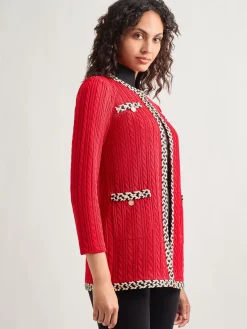Discount Jewel Neck Contrast Trim Cable Knit Jacket Jackets & Coats