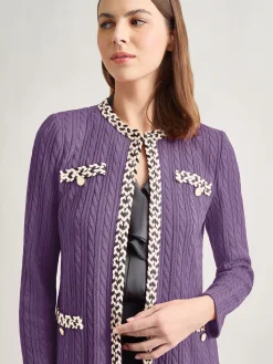Sale Jewel Neck Contrast Trim Cable Knit Jacket Jackets & Coats