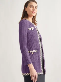 Sale Jewel Neck Contrast Trim Cable Knit Jacket Jackets & Coats
