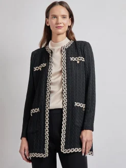 Hot Jewel Neck Contrast Trim Cable Knit Jacket Jackets & Coats