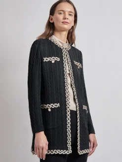 Hot Jewel Neck Contrast Trim Cable Knit Jacket Jackets & Coats