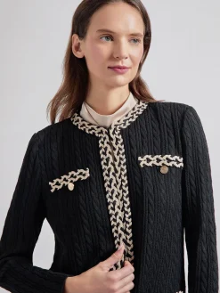 Hot Jewel Neck Contrast Trim Cable Knit Jacket Jackets & Coats
