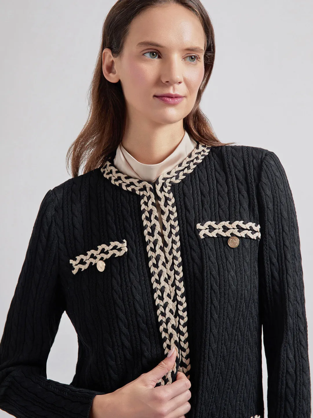 Hot Jewel Neck Contrast Trim Cable Knit Jacket Jackets & Coats