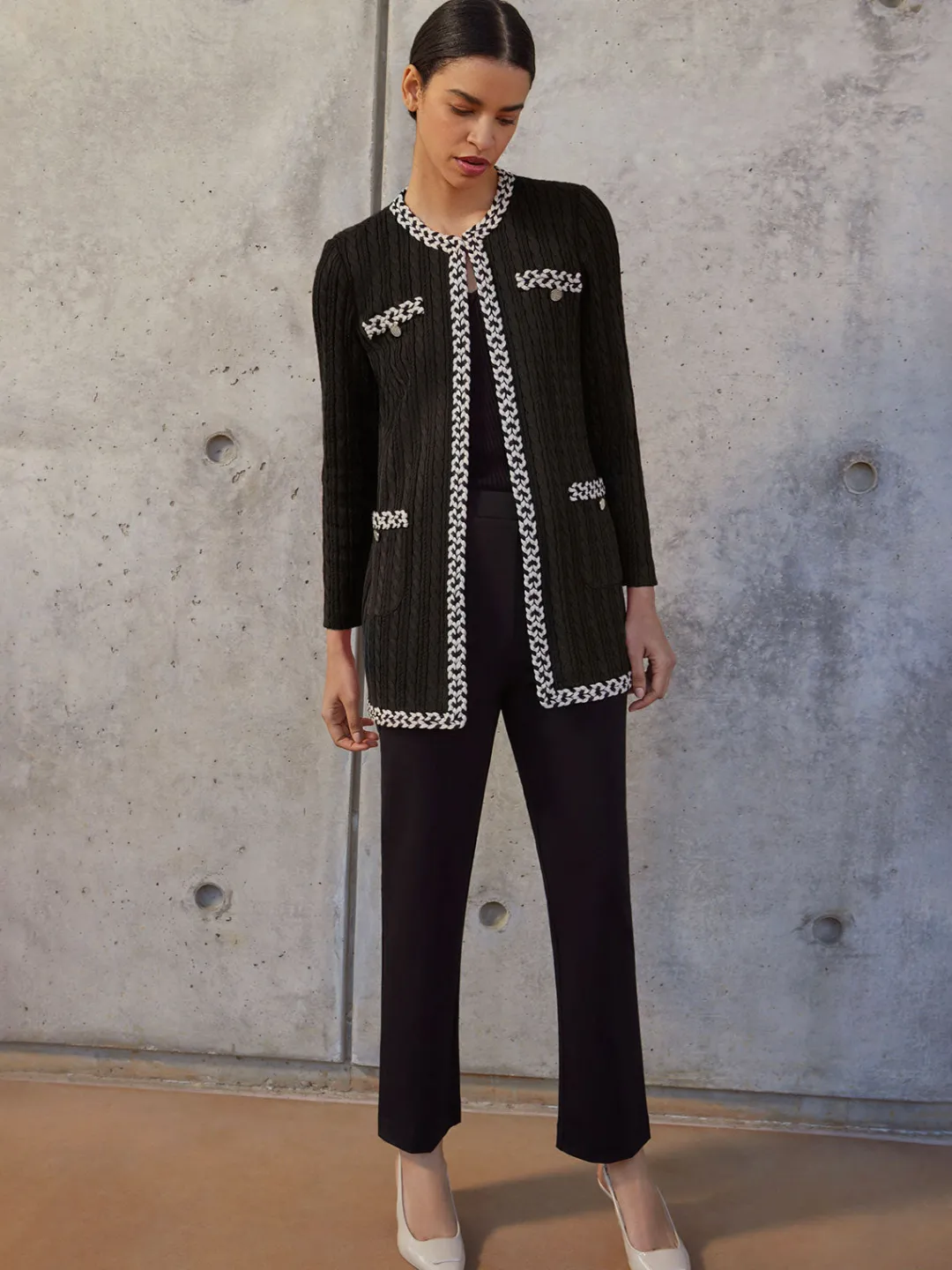 Hot Jewel Neck Contrast Trim Cable Knit Jacket Jackets & Coats